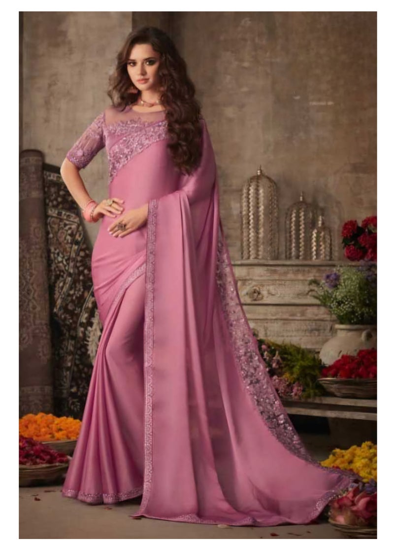 Grab Mantra Pure Satin Silk Pink Saree With Embroidered Lace Border Plus Designer Net Fancy Unstitched Blouse  - Image 3