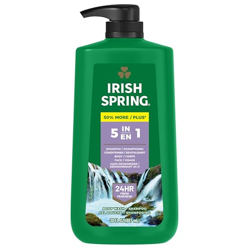 Irish Spring غسول الجسم آيريش سبرينغ 5 في 1 للرجال غسول جسم برائحة منعشة ونظيفة لمدة 24 ساعة ينظف ويرطب الجسم والوجه والشعر مصنوع من مكونات قابلة للتحلل 30 أونصة مضخة