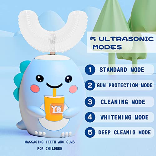 DYCROL Kids U Shaped Electric Toothbrush with 4 Brush Heads, Sonic Toothbrush Kids with 5 Modes, Cartoon Dinosaur 360-Degree Cleaning IPX7 Waterproof Design (2-6 Age (Blue)) - Image 2