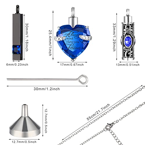 MTLEE 3 Pieces Cremation Urn Necklace for Ashes Vertical Bar Zircon, Heart Crystal Necklace Urn Stainless Steel Waterproof Memorial Pendant(Blue Zircon) - Image 2