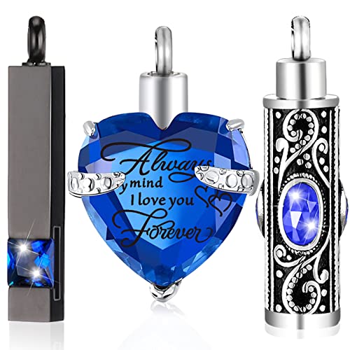 MTLEE 3 Pieces Cremation Urn Necklace for Ashes Vertical Bar Zircon, Heart Crystal Necklace Urn Stainless Steel Waterproof Memorial Pendant(Blue Zircon) - Image 1