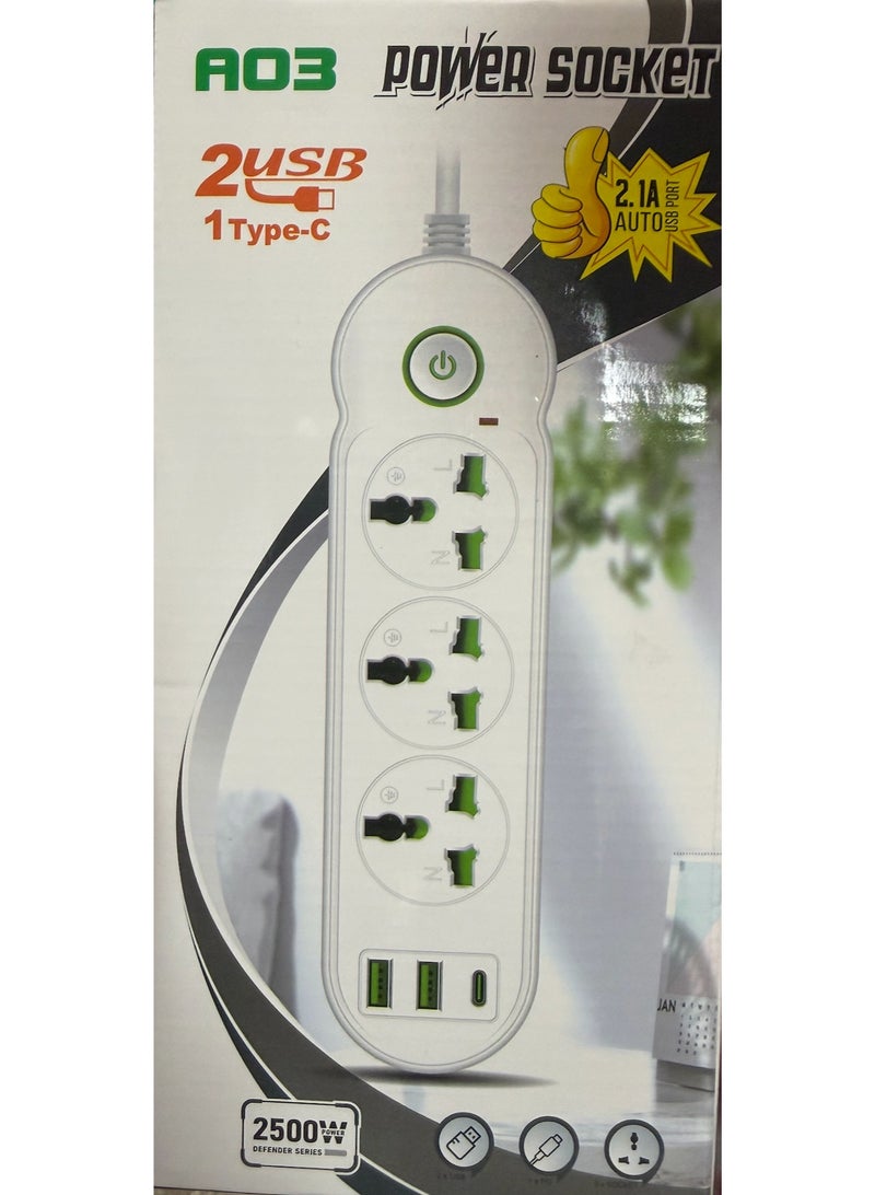 شريط تمديد مقبس الطاقة A03 Defender Series مع 3 منافذ تيار متردد عالمية، 2 منفذ USB-A، 1 منفذ Type-C، 2500 واط