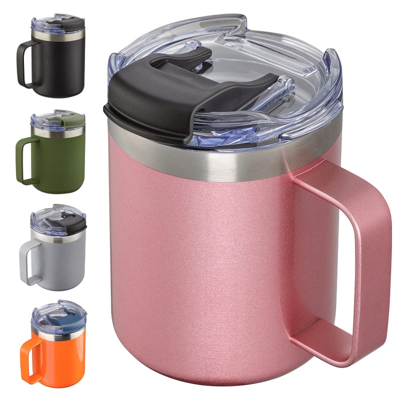 ALOUFEA 12oz Insulated Coffee Mug Cup with Handle Stainless Steel Travel Coffee Mug with Flip Lid Double Wall Vacuum Coffee Tumbler Rose Gold