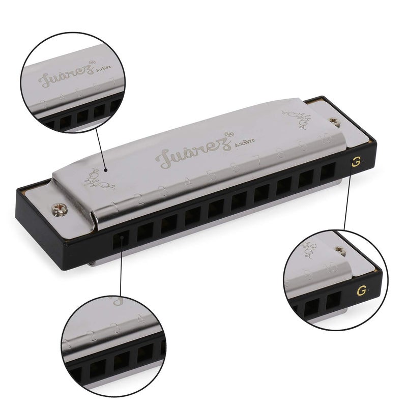 Juarez JRH10A-G Diatonic Professional Blues Harmonica Key of G Scale | 10 Holes | Mouth Organ | Cover – Stainless Still | Comb - ABS | Reed - Phosphor Bronze with Case - Image 4