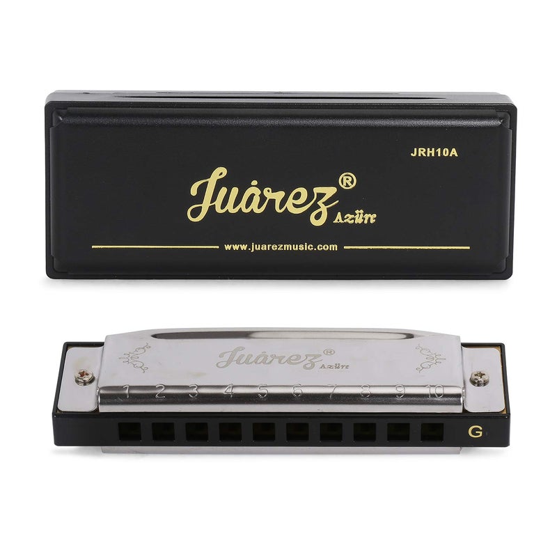Juarez JRH10A-G Diatonic Professional Blues Harmonica Key of G Scale | 10 Holes | Mouth Organ | Cover – Stainless Still | Comb - ABS | Reed - Phosphor Bronze with Case - Image 1