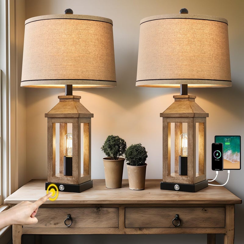 G-SAFAVA 23.75" Farmhouse Dual USB Charging Ports 3-Way Dimmable Touch Control Table Lamp with Nightlight Vintage Modern Lamps for Living Room Bedroom - Image 5