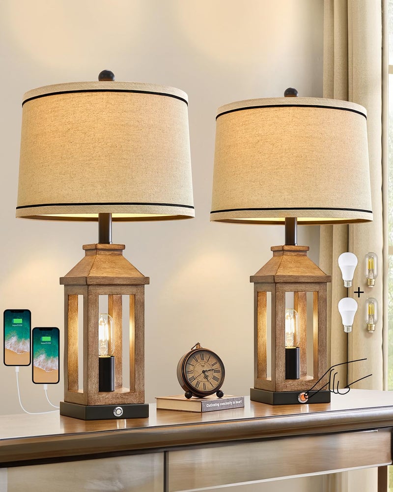 G-SAFAVA 23.75" Farmhouse Dual USB Charging Ports 3-Way Dimmable Touch Control Table Lamp with Nightlight Vintage Modern Lamps for Living Room Bedroom - Image 1
