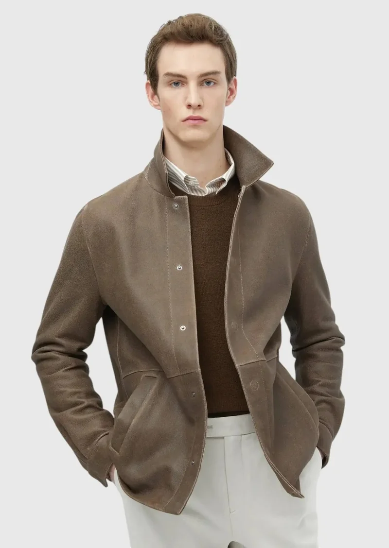 RAMSEY Brown Regular Fit Shirt Collar Casual Leather Leather Coat