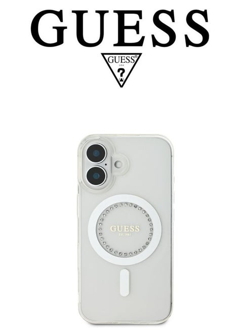 Back Case for iPhone 16, supports MagSafe wireless charging, camera bumper, clear color, original design approved by GUESS, designed in France. By CG MOBILE