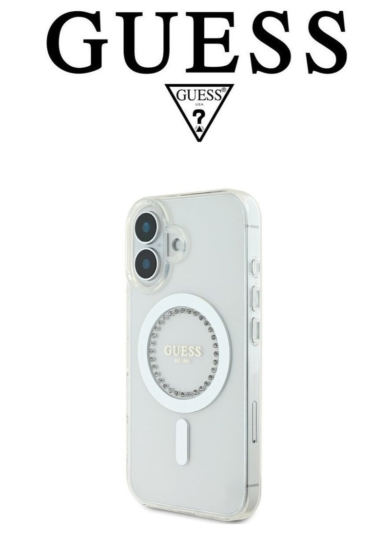 CG MOBILE - Back Case for iPhone 16, supports MagSafe wireless charging, camera bumper, clear color, original design approved by GUESS, designed in France. By CG MOBILE - Image 1