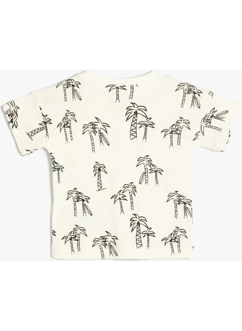 KOTON T-Shirt Palm Tree Printed Short Sleeve Crew Neck Cotton