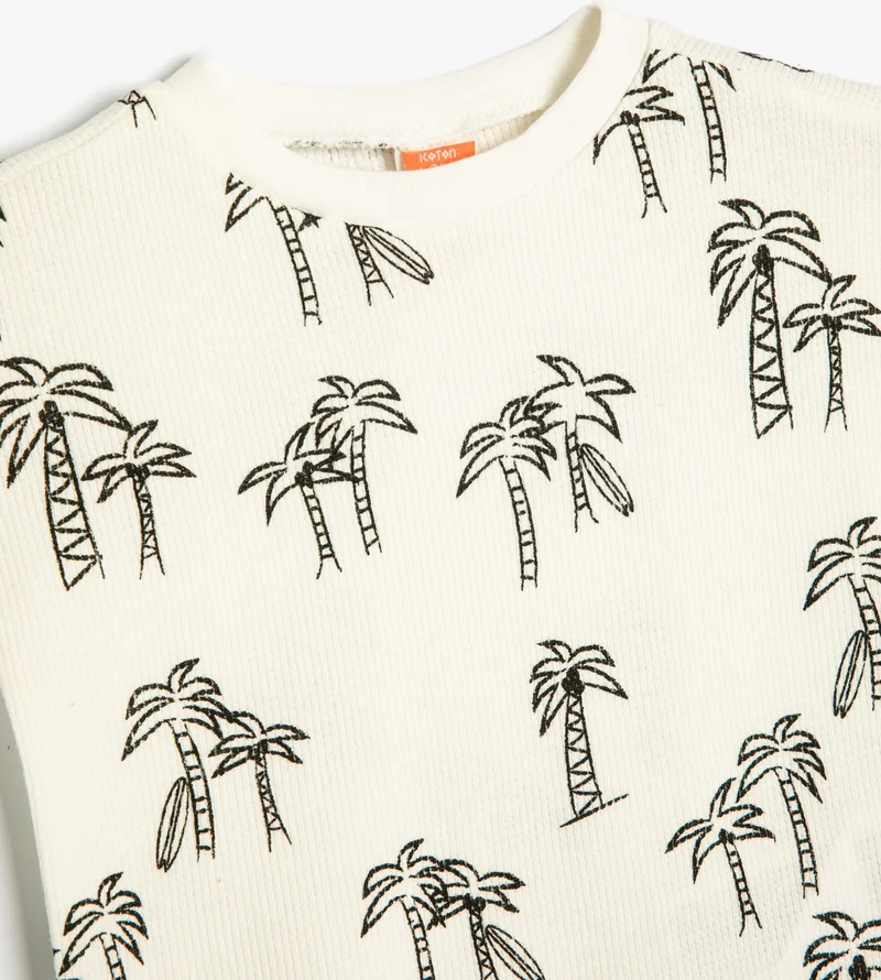 KOTON T-Shirt Palm Tree Printed Short Sleeve Crew Neck Cotton