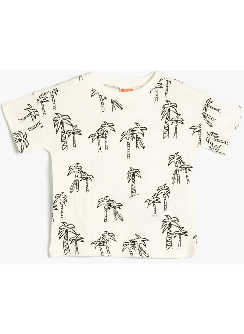 KOTON T-Shirt Palm Tree Printed Short Sleeve Crew Neck Cotton