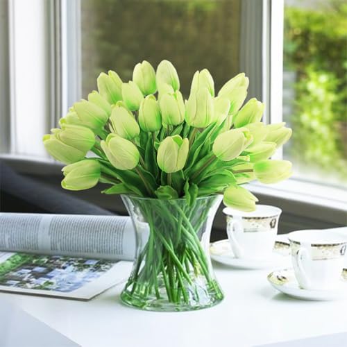 Beferr 18pcs Tulips Artificial Flowers Faux Tulip Real Touch Fake Flowers Bouquets Arrangements for Easter Spring Flowers Home Table Decor Green - Image 5
