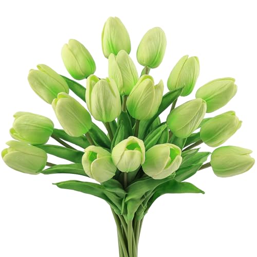 Beferr 18pcs Tulips Artificial Flowers Faux Tulip Real Touch Fake Flowers Bouquets Arrangements for Easter Spring Flowers Home Table Decor Green - Image 1