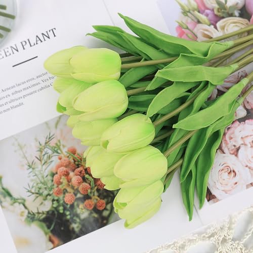 Beferr 18pcs Tulips Artificial Flowers Faux Tulip Real Touch Fake Flowers Bouquets Arrangements for Easter Spring Flowers Home Table Decor Green - Image 3