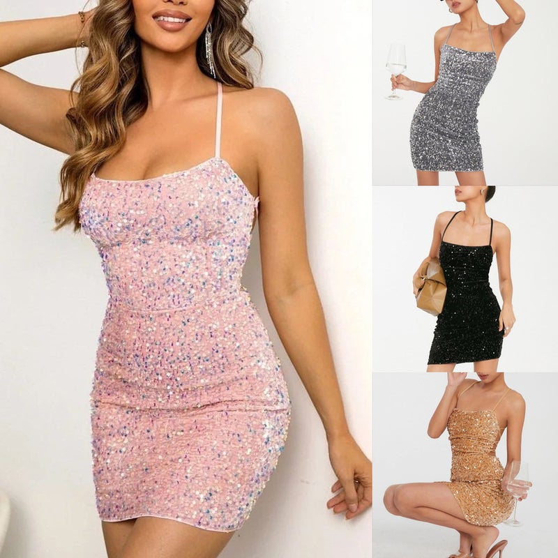 Women'S Dress, French-Style Sequin Slip Dress, Tight-Fitting Backless Short Skirt, Bodycon Skirt, Fashionable And Elegant - Image 3