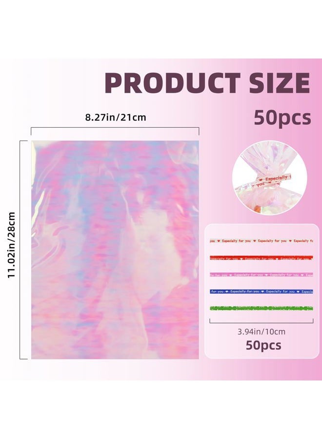 eowqeiur 50 PCS Holographic Bags(8x11 Inch) with Colorful Ties, Clear PLastic Iridescent Cellophane Goodie Gift Treat Candy Goody Cookie Bags for Holiday Birthday Baby Shower Party Favors Supplies Decorations - Image 2