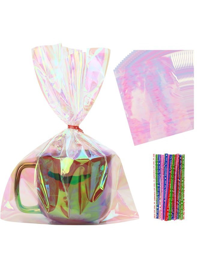 eowqeiur 50 PCS Holographic Bags(8x11 Inch) with Colorful Ties, Clear PLastic Iridescent Cellophane Goodie Gift Treat Candy Goody Cookie Bags for Holiday Birthday Baby Shower Party Favors Supplies Decorations - Image 1