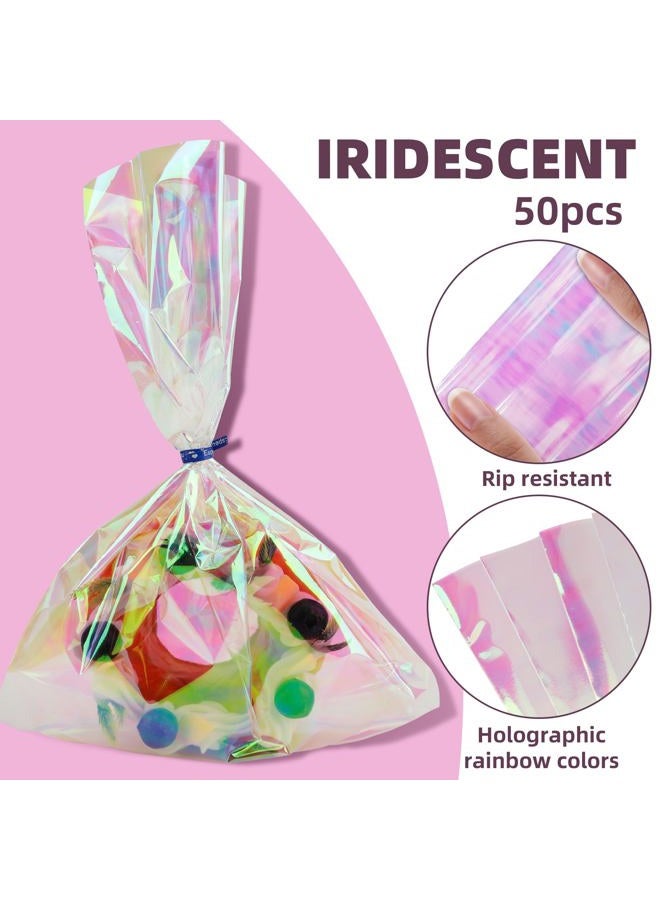 eowqeiur 50 PCS Holographic Bags(8x11 Inch) with Colorful Ties, Clear PLastic Iridescent Cellophane Goodie Gift Treat Candy Goody Cookie Bags for Holiday Birthday Baby Shower Party Favors Supplies Decorations - Image 3