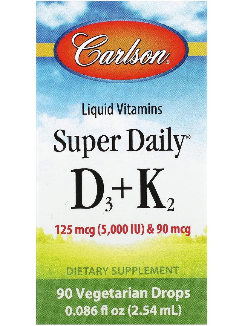 Super Daily D3 + K2, 125 mcg (5,000 IU) & 90 mcg, 90 Vegetarian Drops, 0.086 fl oz (2.54 ml)