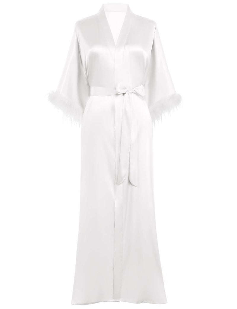 PRODESIGN Satin Kimono Robe Long Silky Bathrobe with Ostrich Feather Trim Sleepwear Wedding Bridesmaid Dressing Gown - Image 1