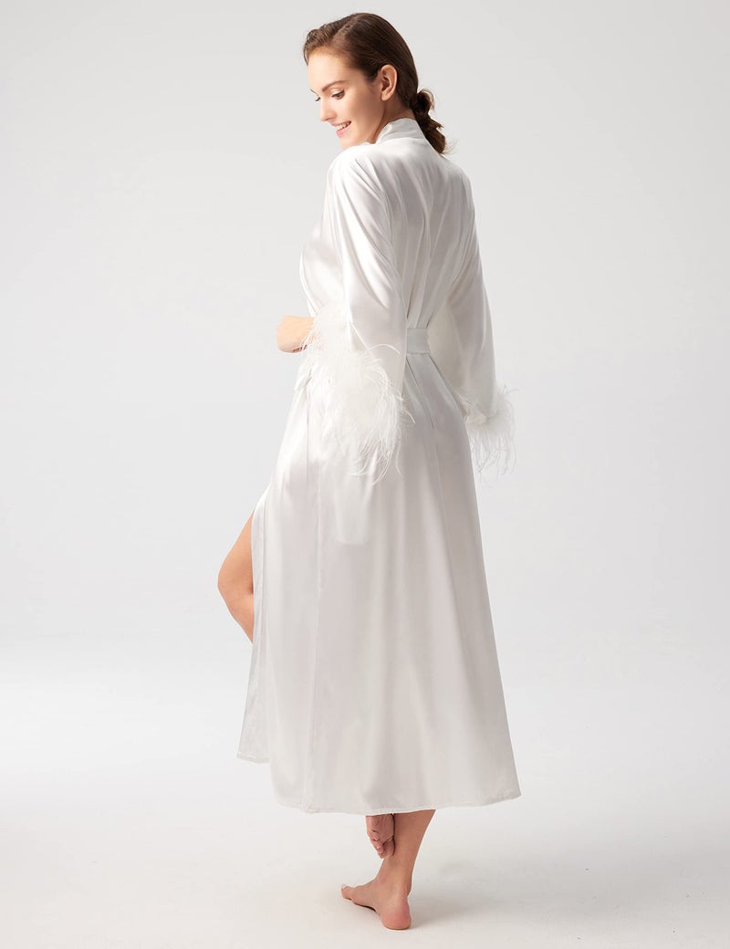 PRODESIGN Satin Kimono Robe Long Silky Bathrobe with Ostrich Feather Trim Sleepwear Wedding Bridesmaid Dressing Gown - Image 3