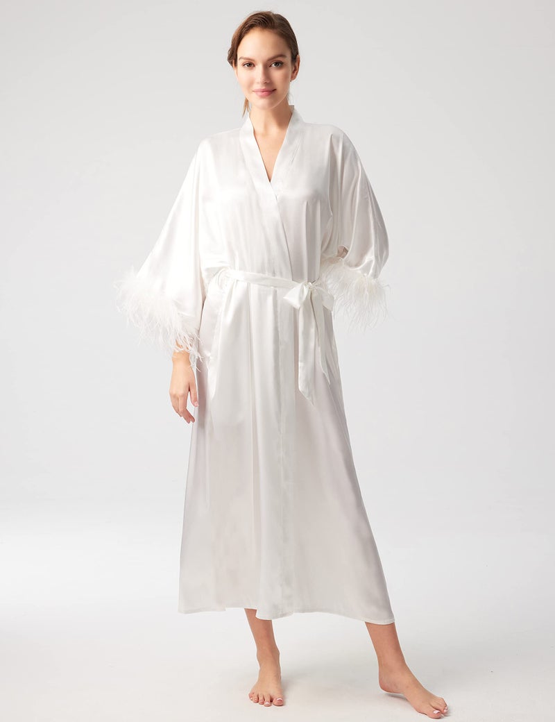 PRODESIGN Satin Kimono Robe Long Silky Bathrobe with Ostrich Feather Trim Sleepwear Wedding Bridesmaid Dressing Gown - Image 2