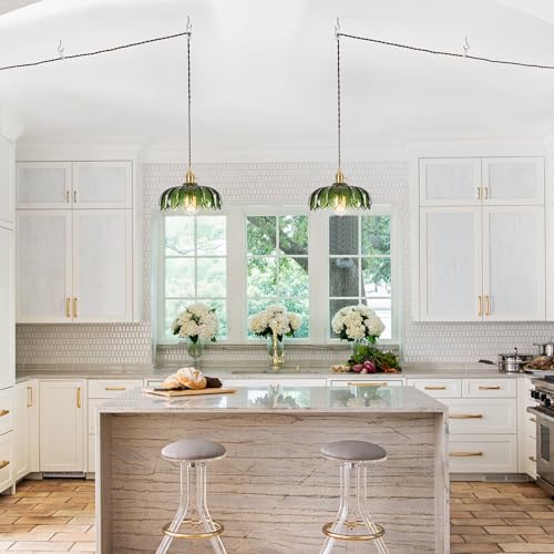 XZHGCEE Plug in Pendant Light Fixtures: Hanging Light Plug in Green Glass Hanging Lamp, Pendant Lighting for Kitchen Island, Bedroom, Dining Room, Living Room, E26 No Bulb - Image 2