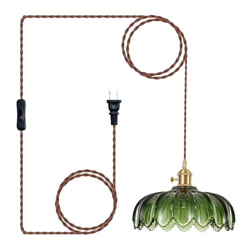 XZHGCEE Plug in Pendant Light Fixtures: Hanging Light Plug in Green Glass Hanging Lamp, Pendant Lighting for Kitchen Island, Bedroom, Dining Room, Living Room, E26 No Bulb - Image 1
