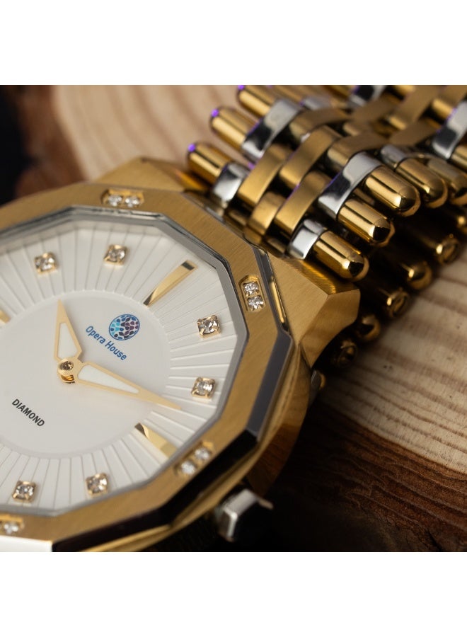 Opera House Luxury Men’s Diamond Analog Watch – 12 Natural Diamonds (1.2–1.25mm SI2 GH) Dial, 42mm Two-Tone Gold Stainless Steel Case & Band, Crystal Glass, Quartz Movement, 3ATM Water Resistant - Image 3