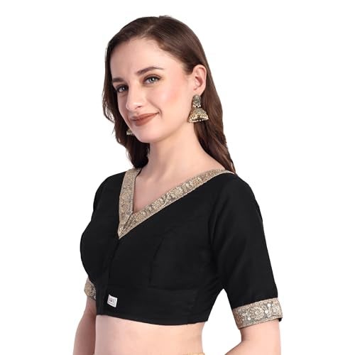 JISB Women's Rayon Lace Work V Neck Elbow Sleeve Blouse (Black, 38) - Image 2