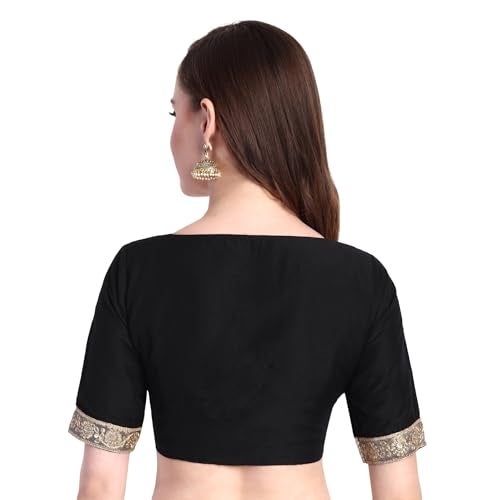 JISB Women's Rayon Lace Work V Neck Elbow Sleeve Blouse (Black, 38) - Image 3