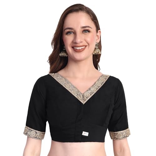 JISB Women's Rayon Lace Work V Neck Elbow Sleeve Blouse (Black, 38) - Image 1