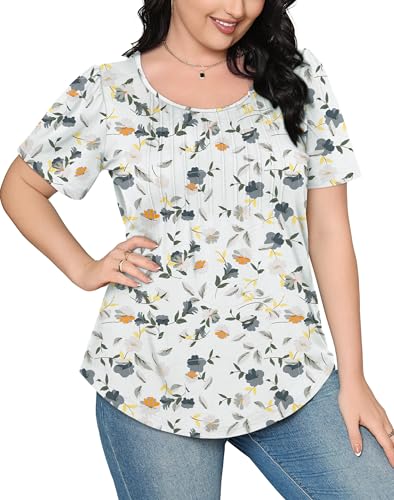 OFEEFAN Floral Summer Tops for Women Oversized Shirts Round Neck Short Sleeve White Blouses Plus Size Spring Clothes XL - Image 4