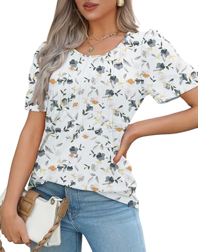 OFEEFAN Floral Summer Tops for Women Oversized Shirts Round Neck Short Sleeve White Blouses Plus Size Spring Clothes XL - Image 3
