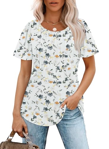OFEEFAN Floral Summer Tops for Women Oversized Shirts Round Neck Short Sleeve White Blouses Plus Size Spring Clothes XL - Image 2