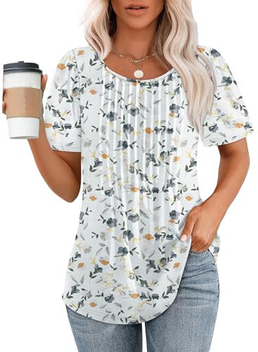 OFEEFAN Floral Summer Tops for Women Oversized Shirts Round Neck Short Sleeve White Blouses Plus Size Spring Clothes XL - Image 1