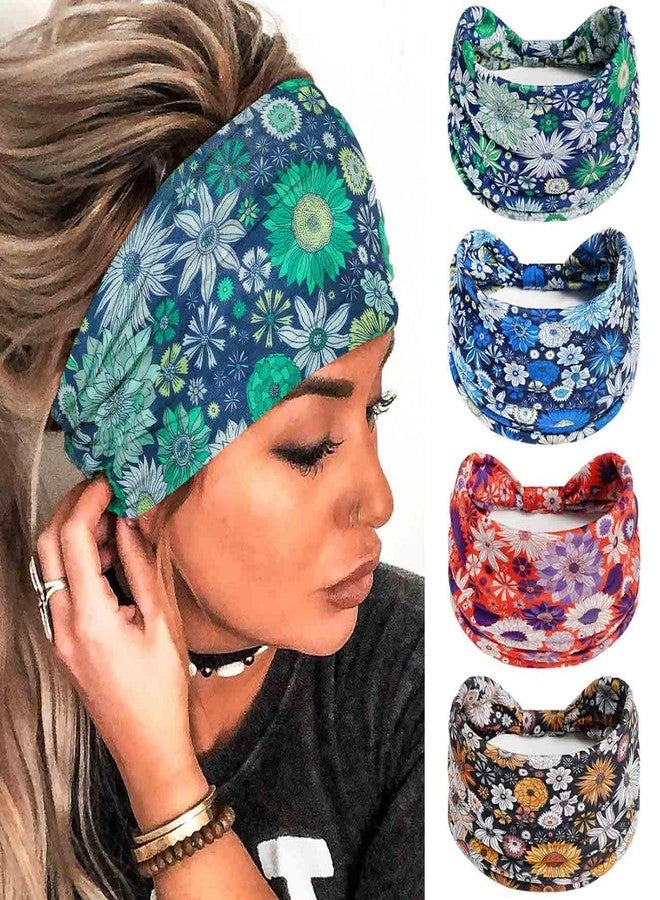 أولباي عصابات رأس أولبي العريضة بنمط بوهو، أغطية رأس مطاطية مزينة بالزهور، عصابات رأس بوهيمية أفريقية، عصابة رأس باندانا معقودة، أوشحة رأس لليوجا والجري، إكسسوارات شعر للتمارين الرياضية للنساء، 4 قطع (مزينة بالزهور، 9.4 * 5.9 بوصة) - Image 1