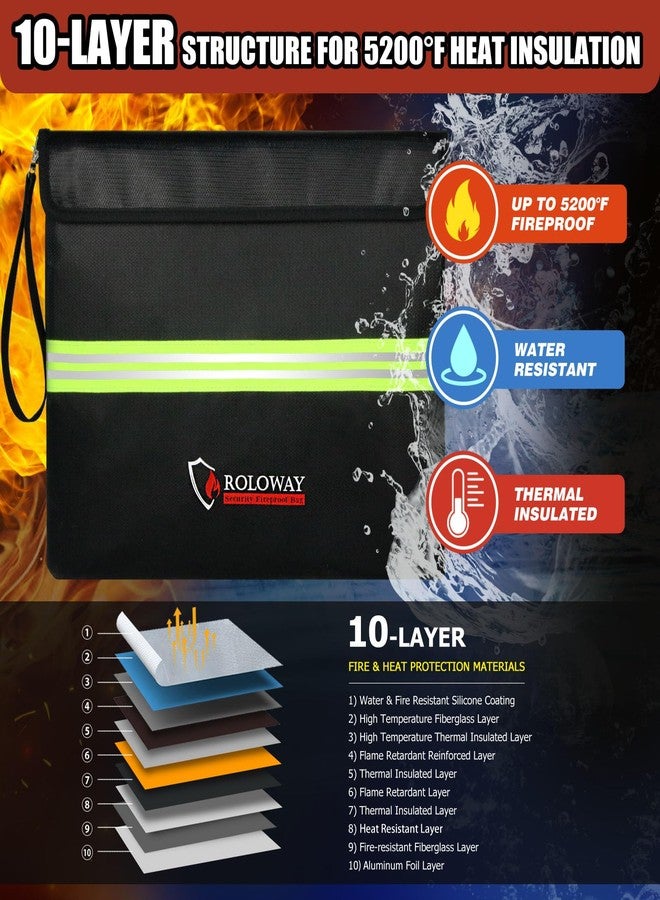 ROLOWAY Fireproof Document Bag (14 x 11 inch) with 5200℉ Upgraded Aluminum Foil Layer, Fireproof Bag for Documents with Reflective Strip and Zipper (Black) - Image 2