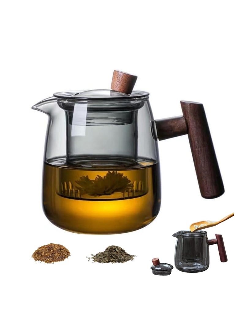 TRASSLE Glass Teapot with Infuser,18.6oz/550ml Glass Tea Kettle With Wooden Handle, Transparent Tea Kettle Infuser, High Borosilicate Glass Teapot, Suitable for Tea, Coffee  - Image 1