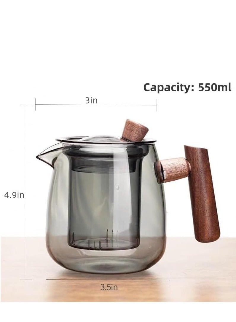 TRASSLE Glass Teapot with Infuser,18.6oz/550ml Glass Tea Kettle With Wooden Handle, Transparent Tea Kettle Infuser, High Borosilicate Glass Teapot, Suitable for Tea, Coffee  - Image 2