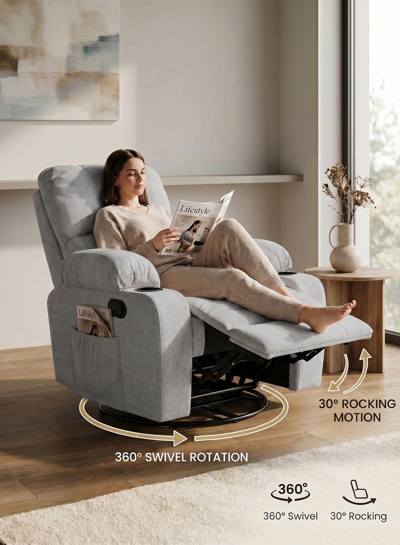 M-Smart Swivel Recliner Chair for Living Room - Lazy Boy Comfortable Rocking Chair with Double Cup Holders and Side Pocket, Back and Neck Support Design for Long Sitting, Reading, Watching TV and Napping, 95x92x93cm - Grey - Image 5