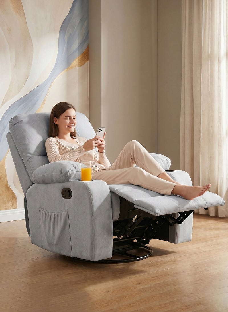 M-Smart Swivel Recliner Chair for Living Room - Lazy Boy Comfortable Rocking Chair with Double Cup Holders and Side Pocket, Back and Neck Support Design for Long Sitting, Reading, Watching TV and Napping, 95x92x93cm - Grey - Image 4