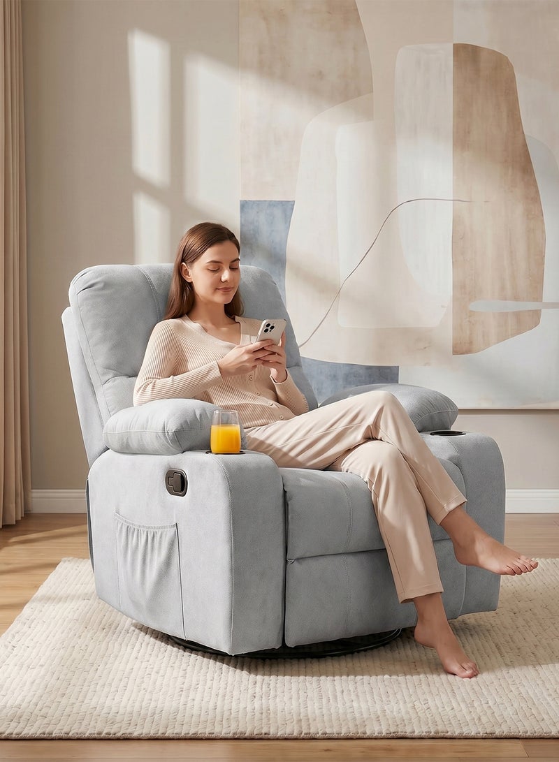 M-Smart Swivel Recliner Chair for Living Room - Lazy Boy Comfortable Rocking Chair with Double Cup Holders and Side Pocket, Back and Neck Support Design for Long Sitting, Reading, Watching TV and Napping, 95x92x93cm - Grey - Image 3
