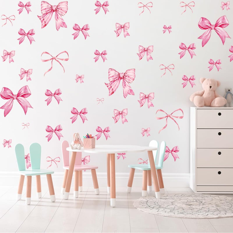 Pedel Pink Bow Wall Stickers, 8Sheets 46Pcs Bow Knot Wall Decals Watercolor Bow Wallpaper Peel and Stick for Nursery Kindergarten Girls Bedroom Coquette Room DÃ©cor - Image 2