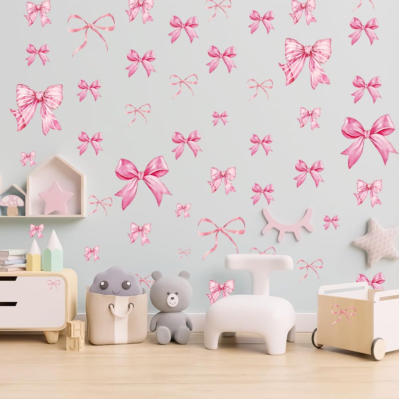 Pedel Pink Bow Wall Stickers, 8Sheets 46Pcs Bow Knot Wall Decals Watercolor Bow Wallpaper Peel and Stick for Nursery Kindergarten Girls Bedroom Coquette Room DÃ©cor - Image 1