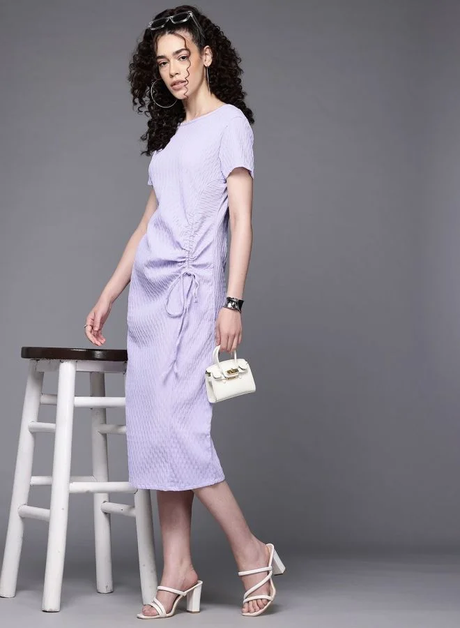 Freehand  Women Relaxed Fit Textured Crew Neck Short Sleeve Ruched Dress for Women | Best Price UAE