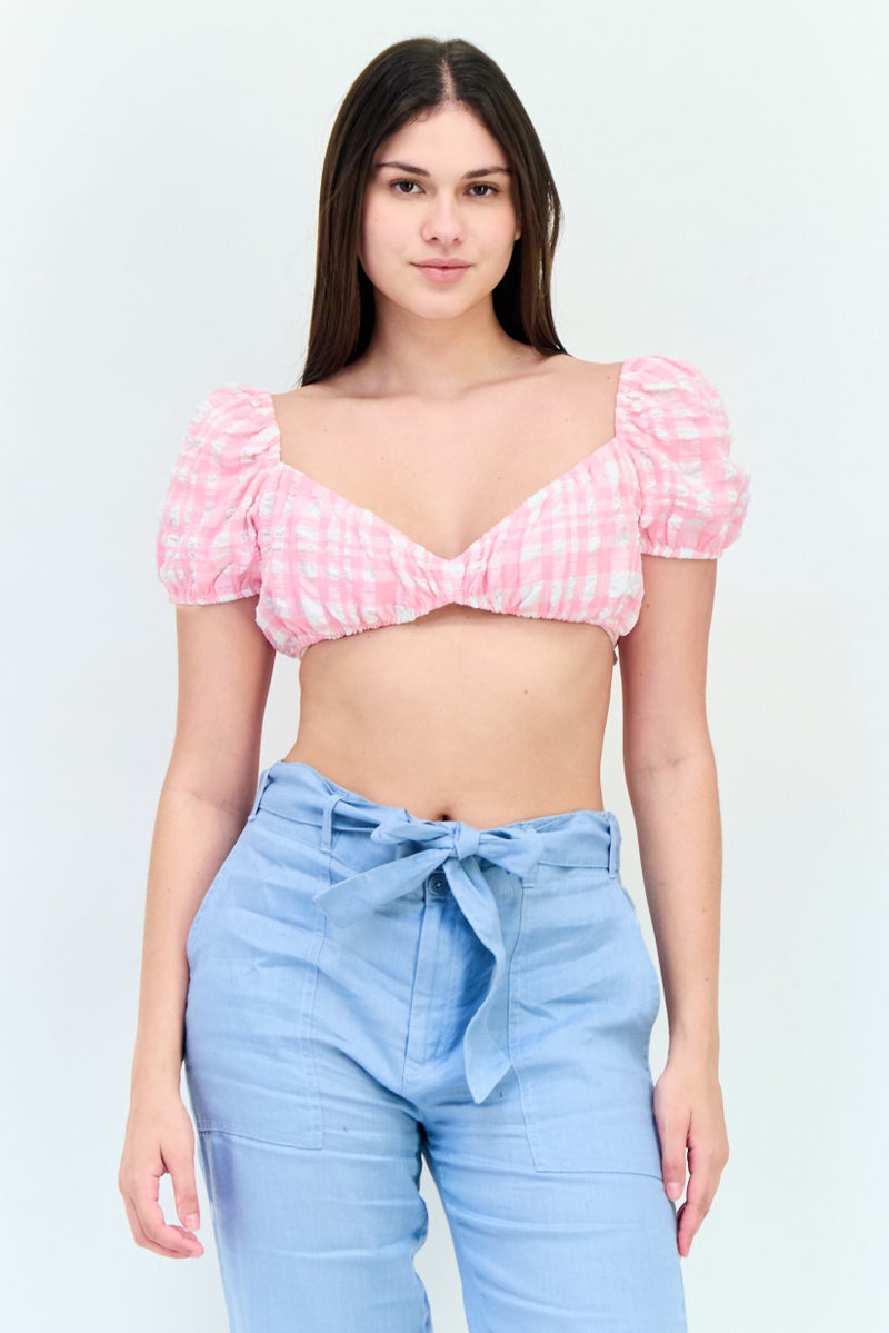 Stradivarius بلوزة قصيرة بأكمام منتفخة ومربعات على شكل قلب للنساء، متعددة الألوان - Image 1