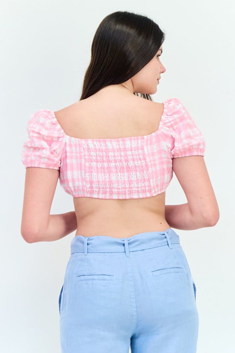Stradivarius Women Sweetheart Checkered Puffed Sleeve Crop Top, Multicolor - Image 2
